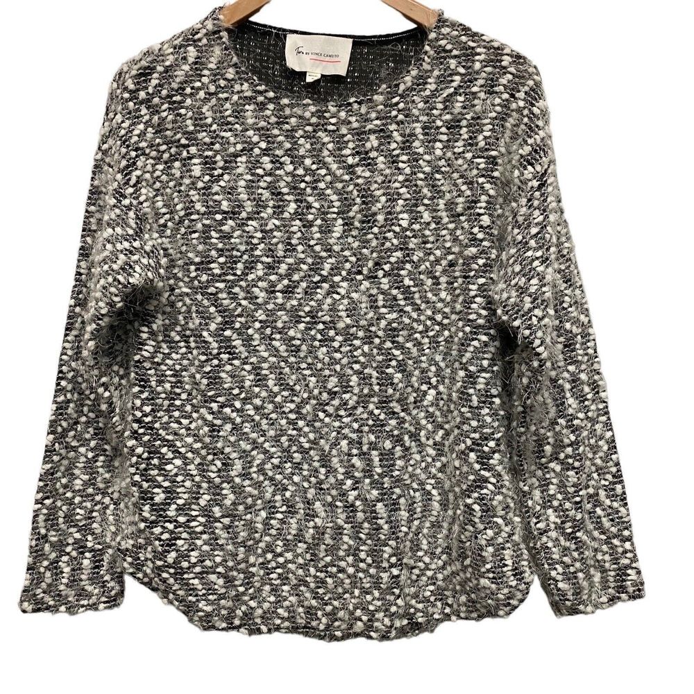 TWO BY VINCE‎ CAMUTO Black White Pullover Womens Sweater Fuzzy Crewneck